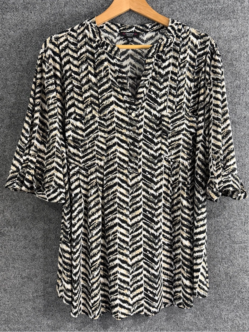 Cocomo Womens 3X Chevron Animal Print Top Tan Black Elbow Sleeve Office Casual